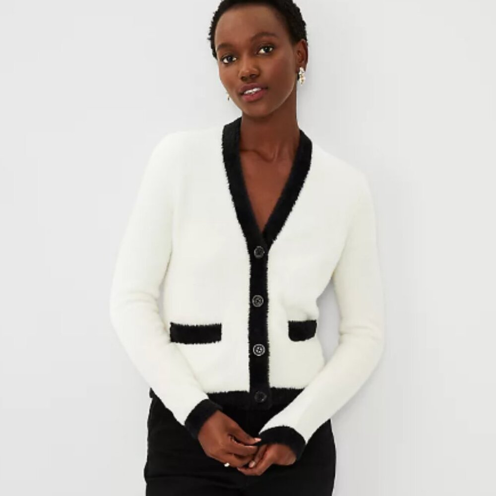Ann Taylor White and Black Tipped Fuzzy Pocket Cardigan Sweater - Medium Petite
